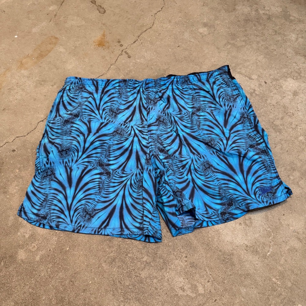 Speedo Swim Trunks Men L Blue Black Fractal Print Mesh Lined Board Shorts